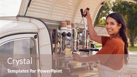  Presentation with coffee shop - Slide set enhanced with portrait-of-woman-running-independent background and a coral colored foreground