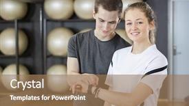  Presentation with gym - Colorful PPT layouts enhanced with portrait of woman showing pedometer backdrop and a  colored foreground