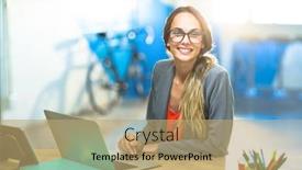  Presentation with woman office desk - Presentation with portrait of woman sitting on desk and using laptop in office background and a coral colored foreground