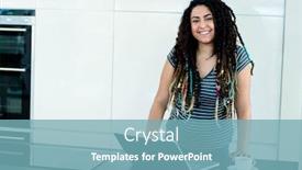  Presentation with social isolation - Presentation theme enhanced with portrait of woman standing near worktop with a laptop and cup of tea working from home in quarantine lockdown social distancing self isolation background and a seafoam green colored foreground