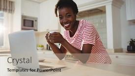  Presentation with social isolation - Beautiful presentation theme featuring portrait of woman using laptop while having coffee in kitchen at home working from home in quarantine lockdown social distancing self isolation backdrop and a mint green colored foreground