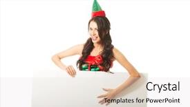  Presentation with elf - Theme having portrait of woman wearing elf clothes holding white banner background and a lemonade colored foreground