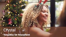  Presentation with antlers - Cool new presentation design with portrait of woman wearing fancy dress antlers standing next to christmas tree at home backdrop and a tawny brown colored foreground