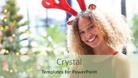  Presentation with antlers - Colorful presentation theme enhanced with portrait of woman wearing fancy dress antlers standing next to christmas tree at home backdrop and a soft green colored foreground