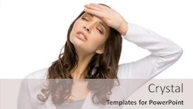  Presentation with temperature - Slide deck with portrait of woman with closed eyes touching her head isolated on white concept of headache and high temperature background and a soft green colored foreground