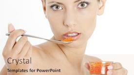  Presentation with caviar - Presentation theme having portrait of woman with red caviar background and a lemonade colored foreground