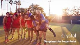 Presentation with team training - PPT theme having portrait-of-womens-football-team background and a coral colored foreground