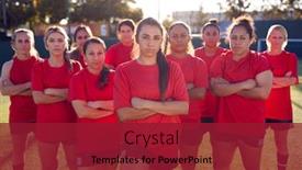  Presentation with team training - Slide deck enhanced with portrait-of-womens-football-team background and a crimson colored foreground