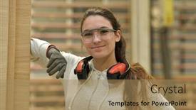  Presentation with apprentice - Audience pleasing presentation theme consisting of portrait-of-woodwork-apprentice-standing backdrop and a coral colored foreground