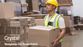  Presentation with warehouse - Slide deck with carry - portrait of worker carrying box background and a violet colored foreground