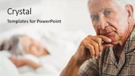  Presentation with 3d man sitting question mark - Slides with portrait of worried senior man background and a white colored foreground