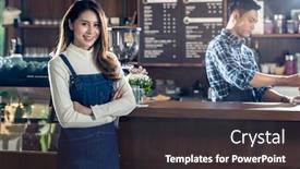  Presentation with coffee shop - PPT theme having portrait-of-young-adult-asian background and a dark gray colored foreground