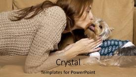  Presentation with puppy - PPT theme consisting of attractive brunette girl with her background and a coral colored foreground