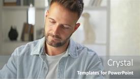  Presentation with working - Theme featuring portrait-of-young-adult-man background and a gray colored foreground