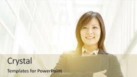  Presentation with golden woman - Theme with portrait of young asian business woman smiling and walking at office environment natural golden sunlight background background and a soft green colored foreground