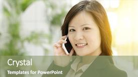  Presentation with golden woman - Theme enhanced with portrait of young asian business woman smiling and talking on mobile phone walking at an office environment beautiful golden sunlight background background and a seafoam green colored foreground