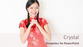  Presentation with lunar new year - Theme consisting of portrait of young asian girl in traditional qipao dress smiling and greeting celebrating chinese lunar new year or spring festival standing on plain background background and a lemonade colored foreground