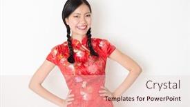  Presentation with chinese new year lunar - Beautiful PPT theme featuring portrait of young asian girl in traditional qipao dress smiling celebrating chinese lunar new year or spring festival standing on plain background backdrop and a lemonade colored foreground