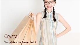  Presentation with chinese new year lunar - Beautiful presentation design featuring portrait of young asian woman in traditional qipao dress shopping hand holding paper bag celebrating chinese lunar new year or spring festival standing on plain background backdrop and a lemonade colored foreground