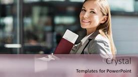  Presentation with airport boarding pass - Slides enhanced with portrait-of-young-attractive-businesswoman background and a coral colored foreground