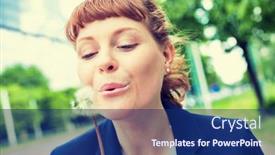  Presentation with dandelion - Audience pleasing presentation design consisting of portrait-of-young-attractive-businesswoman backdrop and a navy blue colored foreground