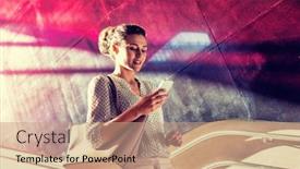  Presentation with smartphone - Slide deck enhanced with portrait-of-young-attractive-businesswoman background and a coral colored foreground