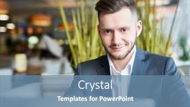  Presentation with lunch - Presentation theme featuring portrait of young attractive caucasian man in business suit sitting at laptop in cafe and smiling at camera while waiting for lunch background and a teal colored foreground