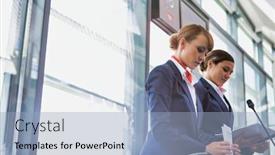  Presentation with airport - Beautiful PPT theme featuring portrait-of-young-attractive-passenger backdrop and a light blue colored foreground