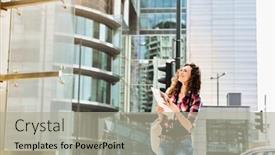  Presentation with city map - Slide set featuring portrait-of-young-attractive-woman background and a light gray colored foreground