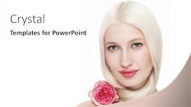  Presentation with pink rose - Amazing slide deck having portrait of young beautiful blonde woman with clean makeup and pink rose copy space backdrop and a white colored foreground