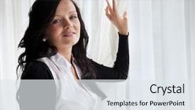  Presentation with curtain - Amazing PPT theme having portrait of young beautiful business woman standing near window holding curtain backdrop and a sky blue colored foreground