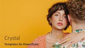  Presentation with short stories - Theme featuring portrait-of-young-beautiful-calm background and a gold colored foreground