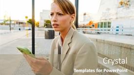  Presentation with bus stop - Theme having portrait-of-young-beautiful-frowning background and a  colored foreground