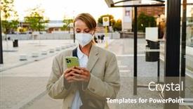  Presentation with bus stop - Slide deck with portrait-of-young-beautiful-woman background and a  colored foreground