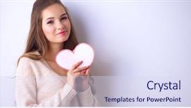  Presentation with valentines - Beautiful presentation theme featuring portrait of young beautiful woman showing gift card valentines day backdrop and a sky blue colored foreground