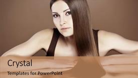  Presentation with long tailed macaque macaca fascicularis - Presentation design having portrait of young beautiful woman background and a coral colored foreground