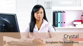  Presentation with woman office desk - Presentation theme having portrait of young black business woman at desk in office background and a coral colored foreground