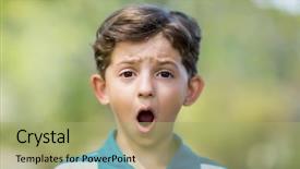  Presentation with faces - PPT layouts enhanced with portrait of young boy making a funny faces in park background and a mint green colored foreground