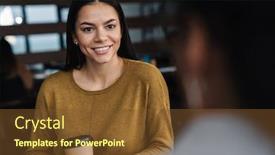  Presentation with job interview - Theme enhanced with portrait-of-young-brunette-businesswomen background and a tawny brown colored foreground