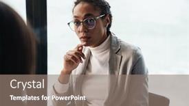  Presentation with job interview - Amazing PPT layouts having portrait-of-young-brunette-businesswomen backdrop and a gray colored foreground