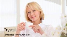  Presentation with tea cup - PPT layouts consisting of portrait of young business lady background and a  colored foreground