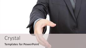  Presentation with shake hand - Amazing slides having portrait of young business man extending hand to shake against white background backdrop and a light gray colored foreground