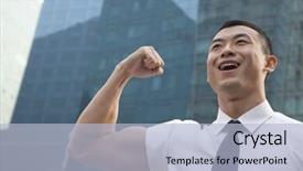  Presentation with flexing - Amazing PPT theme having portrait of young businessman flexing muscle outdoors backdrop and a light blue colored foreground