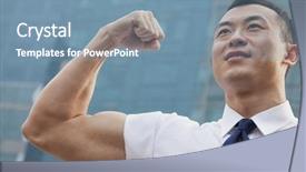  Presentation with flexing - Slide set featuring portrait of young businessman flexing muscle outdoors background and a seafoam green colored foreground