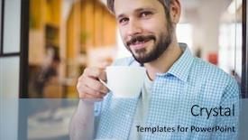  Presentation with cafeteria - Theme enhanced with portrait of young businessman having coffee at office cafeteria background and a light blue colored foreground