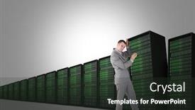  Presentation with server - Presentation consisting of portrait of young businessman pushing a blank panel against server tower background and a tawny brown colored foreground