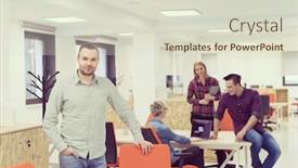  Presentation with casual young people - Presentation featuring portrait of young businessman in casual clothes at modern startup business office space team of people working together in background background and a soft green colored foreground