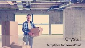  Presentation with construction documents - Colorful PPT layouts enhanced with portrait of young businessman on construction site checking documents and business workflow with cardboard boxes around him in new startup office backdrop and a soft green colored foreground