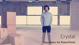  Presentation with construction documents - Colorful PPT theme enhanced with portrait of young businessman on construction site checking documents and business workflow with cardboard boxes around him in new startup office backdrop and a soft green colored foreground