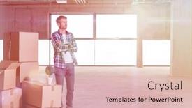  Presentation with construction documents - PPT layouts enhanced with portrait of young businessman on construction site checking documents and business workflow with cardboard boxes around him in new startup office background and a lemonade colored foreground